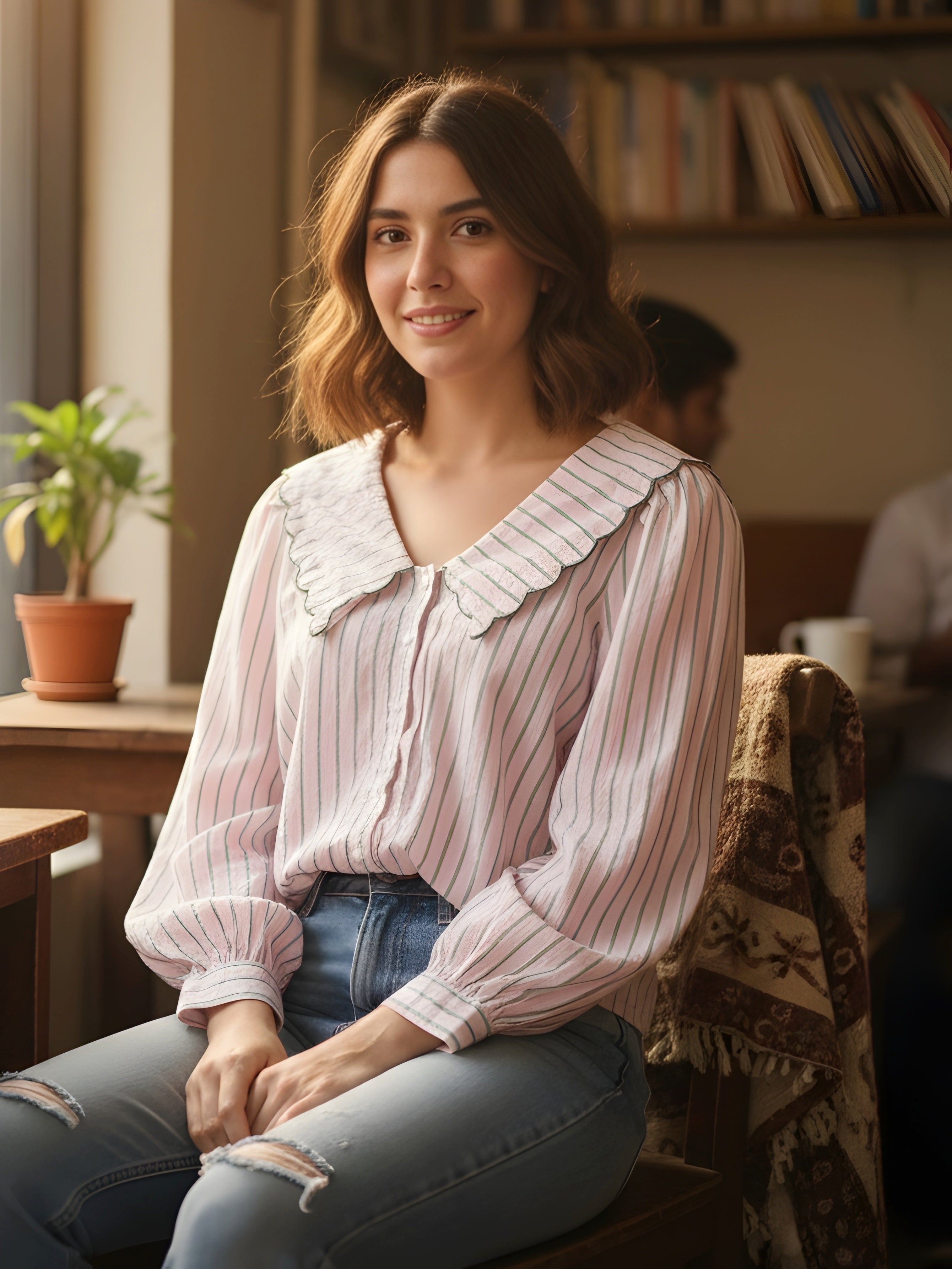 Ruffle Collar Striped Top