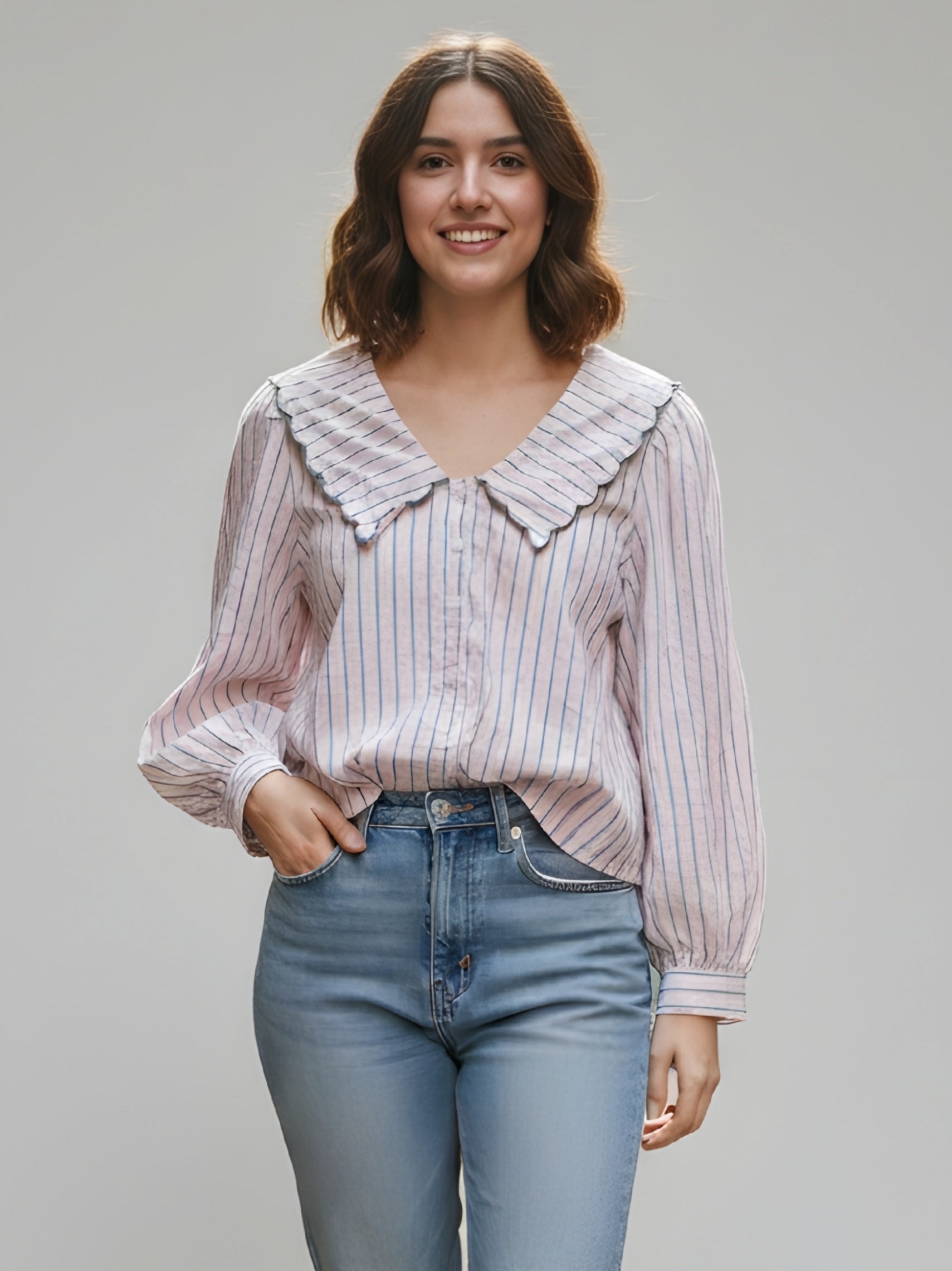 Ruffle Collar Striped Top