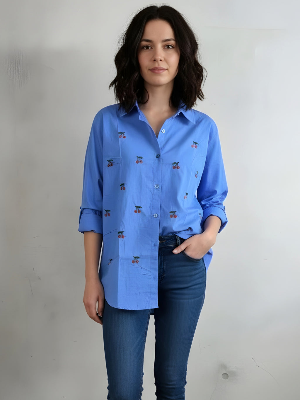 Cherry Embroidered Cotton Shirt