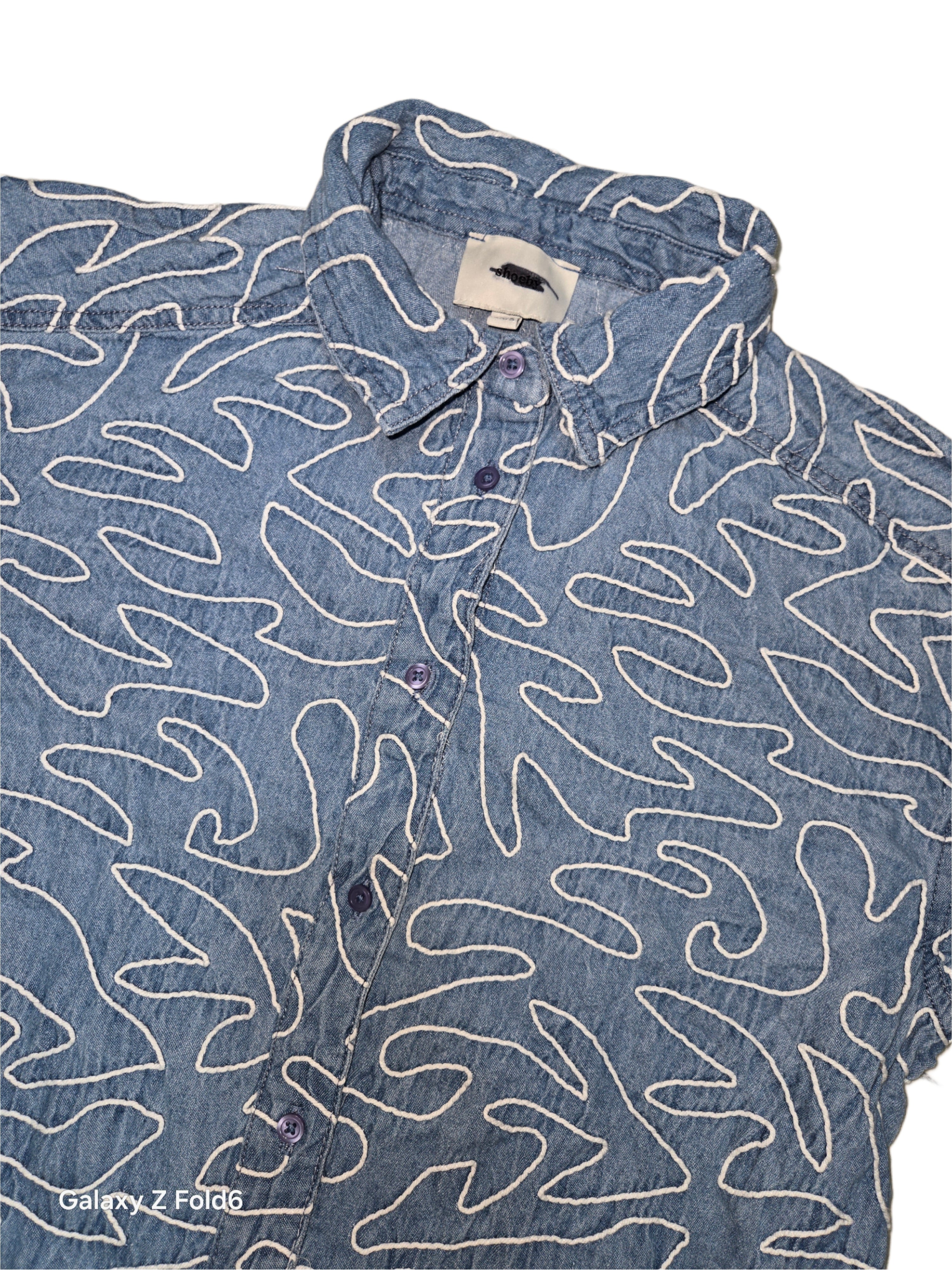 White Thread Embroidered Denim Shirt – Elegant &amp; Stylish